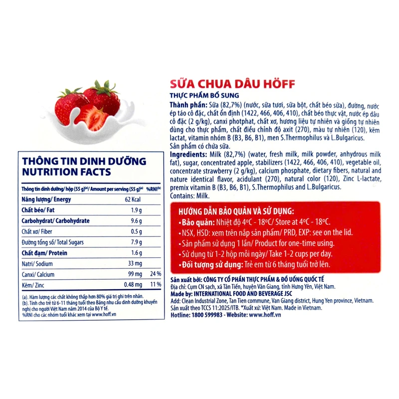 Lốc 4 hộp sữa chua trái cây Hoff vị dâu 55g (từ 6 tháng) - Giao bao bì ngẫu nhiên 4