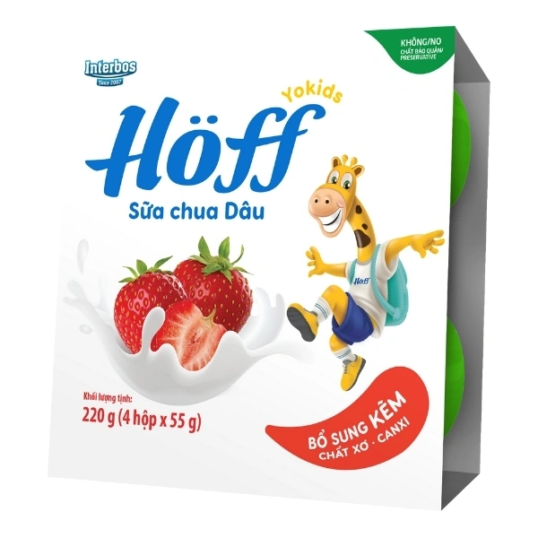 Lốc 4 hộp sữa chua trái cây Hoff vị dâu - Giao bao bì ngẫu nhiên