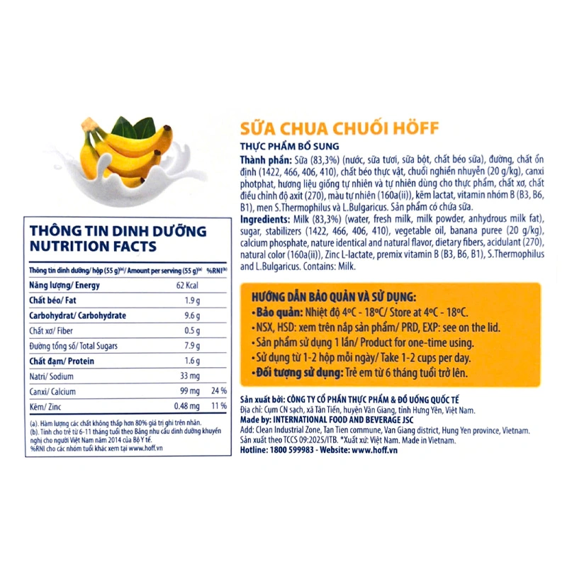 Lốc 4 hộp sữa chua trái cây Hoff vị chuối 55g (từ 6 tháng) - Giao bao bì ngẫu nhiên 4