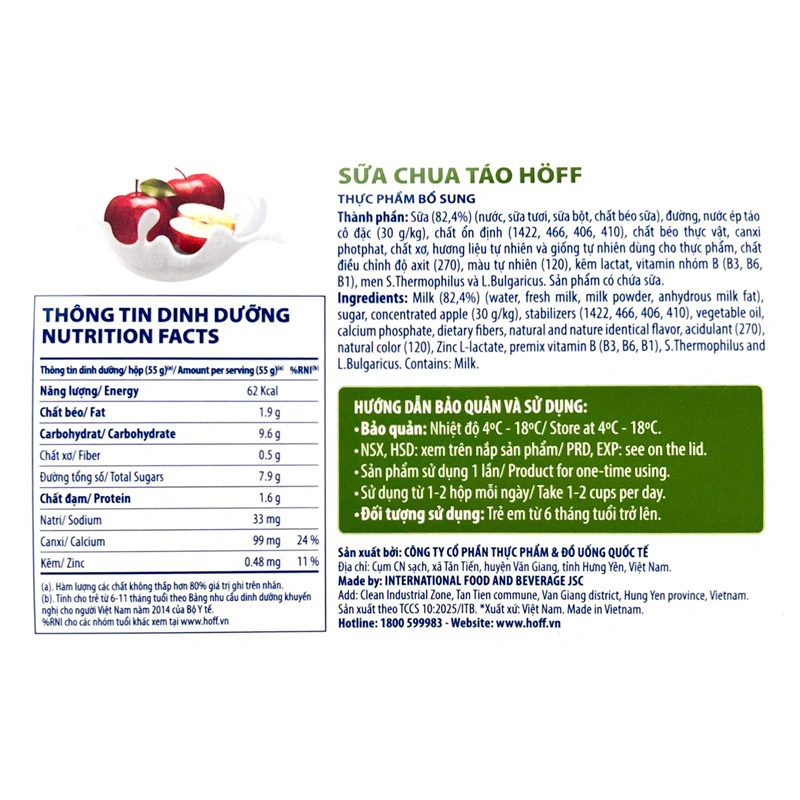Lốc 4 hộp sữa chua trái cây Hoff vị táo 55g (từ 6 tháng) - Giao bao bì ngẫu nhiên 4