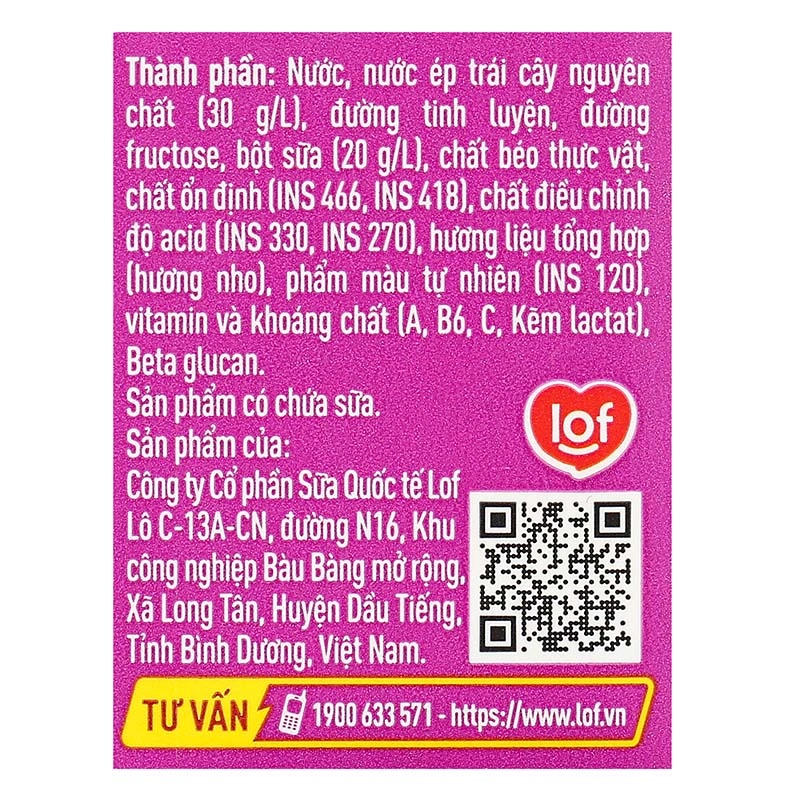 Lốc 4 hộp sữa trái cây LiF Kun hương nho 180 ml (từ 2 tuổi) 12