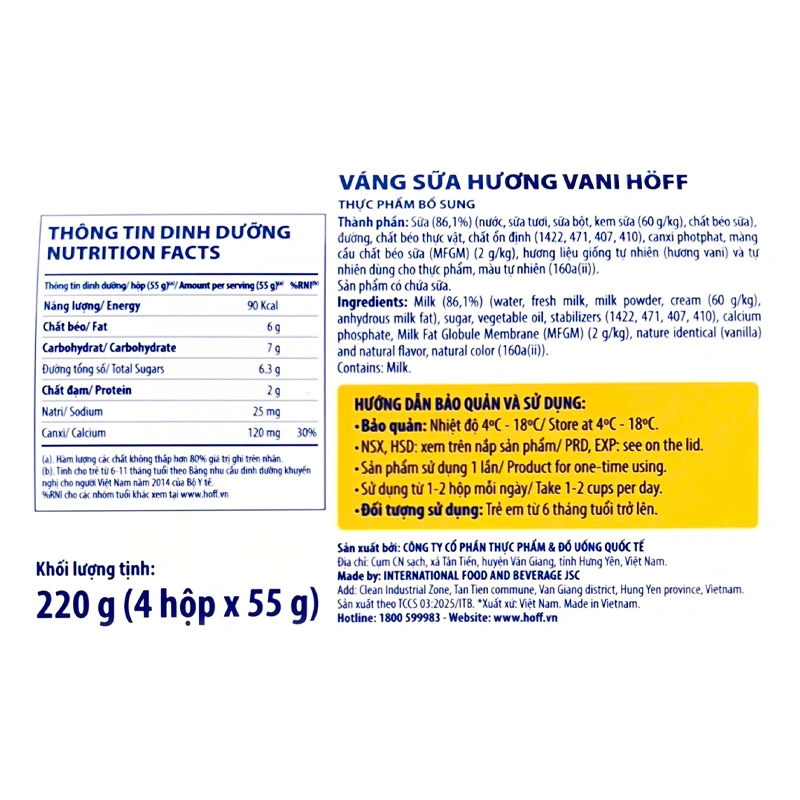 Lốc 4 hũ váng sữa Hoff vị vani 55g (từ 6 tháng) - Giao bao bì ngẫu nhiên 4