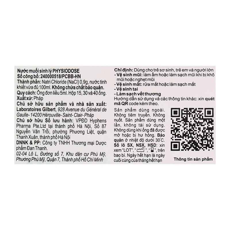 Nước muối sinh lý vệ sinh mắt mũi Physiodose 5 ml (Hộp 30 ống) 9