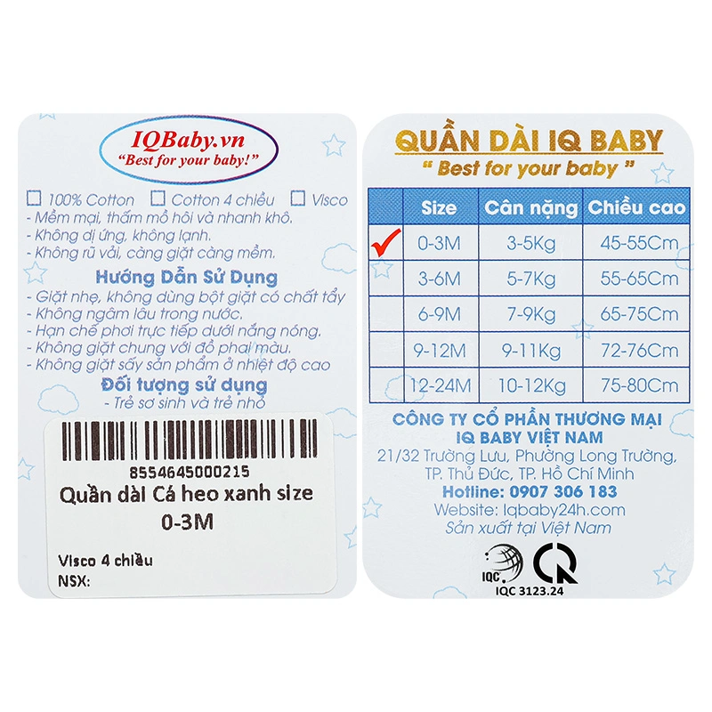 Quần dài in cá heo IQ Baby màu trắng 6