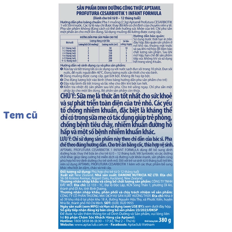 Sữa bột Aptamil Profutura Cesarbiotik số 1 800g (0 – 12 tháng) - Giao bao bì ngẫu nhiên 12