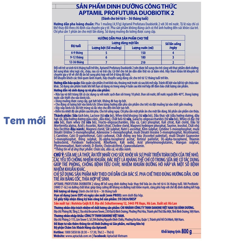 Sữa bột Aptamil Profutura Duobiotik số 2 800g (6 - 36 tháng) - Giao bao bì ngẫu nhiên 7