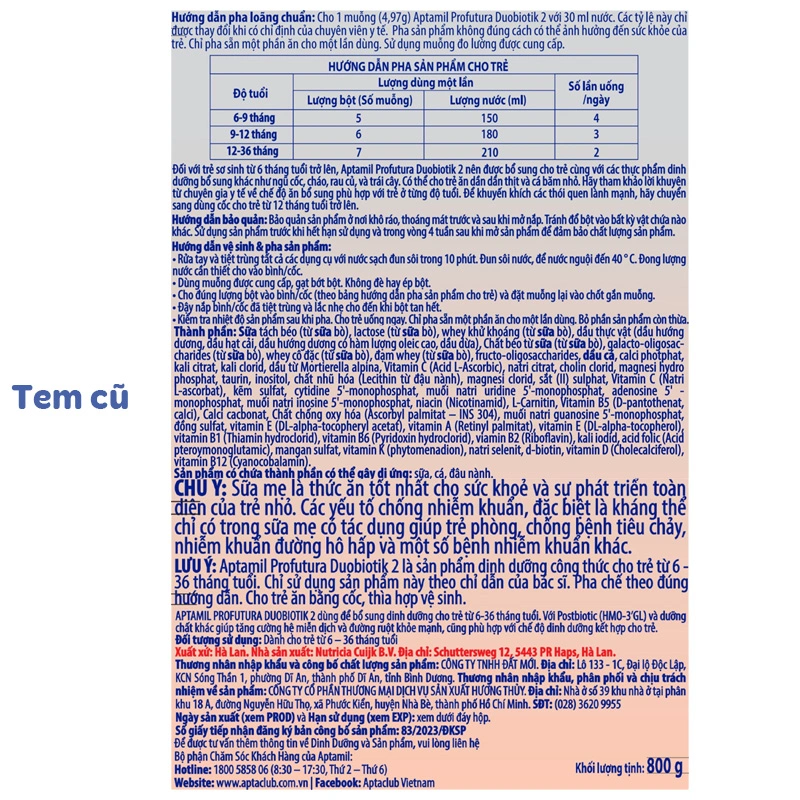 Sữa bột Aptamil Profutura Duobiotik số 2 800g (6 - 36 tháng) - Giao bao bì ngẫu nhiên 8