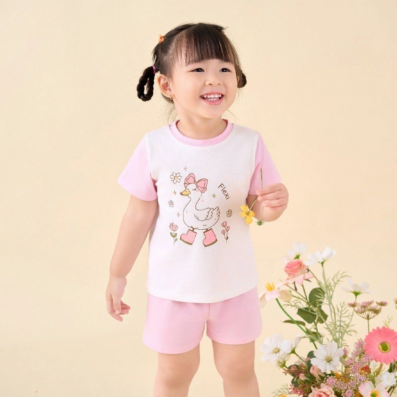 Bộ tay ngắn bé gái La Pomme in chú vịt màu hồng - trắng 2