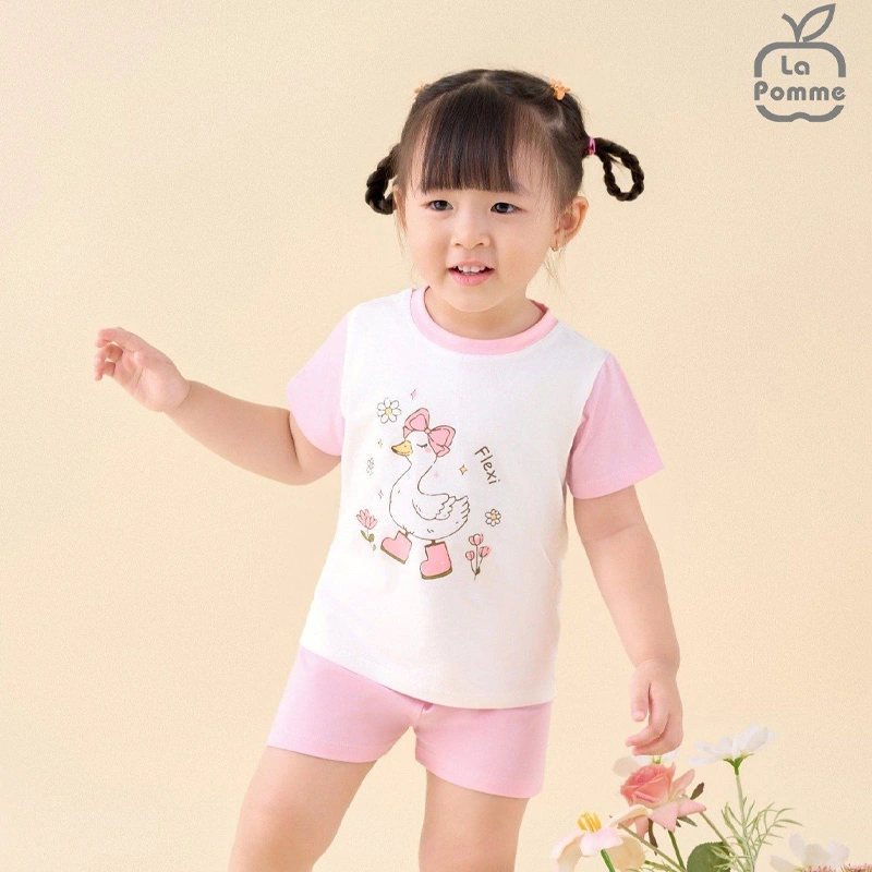 Bộ tay ngắn bé gái La Pomme in chú vịt màu hồng - trắng 3