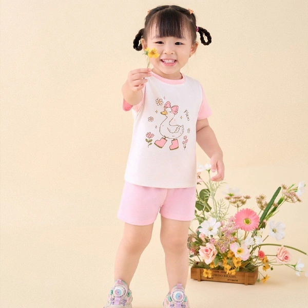 Bộ bé gái La Pomme cotton hồng - trắng