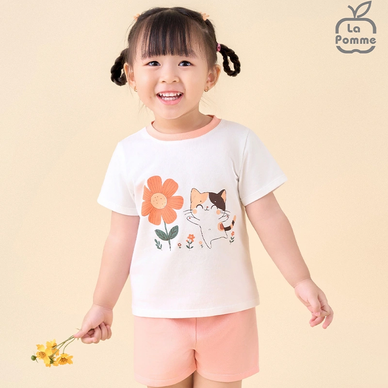 Bộ tay ngắn bé gái La Pomme in hoa màu trắng 2