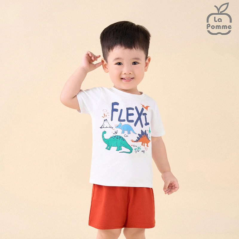 Bộ tay ngắn bé trai La Pomme in động vật màu trắng - đỏ 2