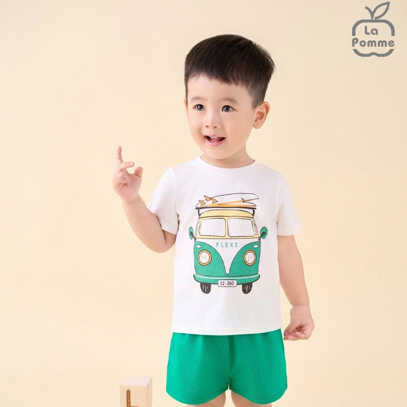 Bộ tay ngắn bé trai La Pomme in xe màu trắng - xanh lá 2