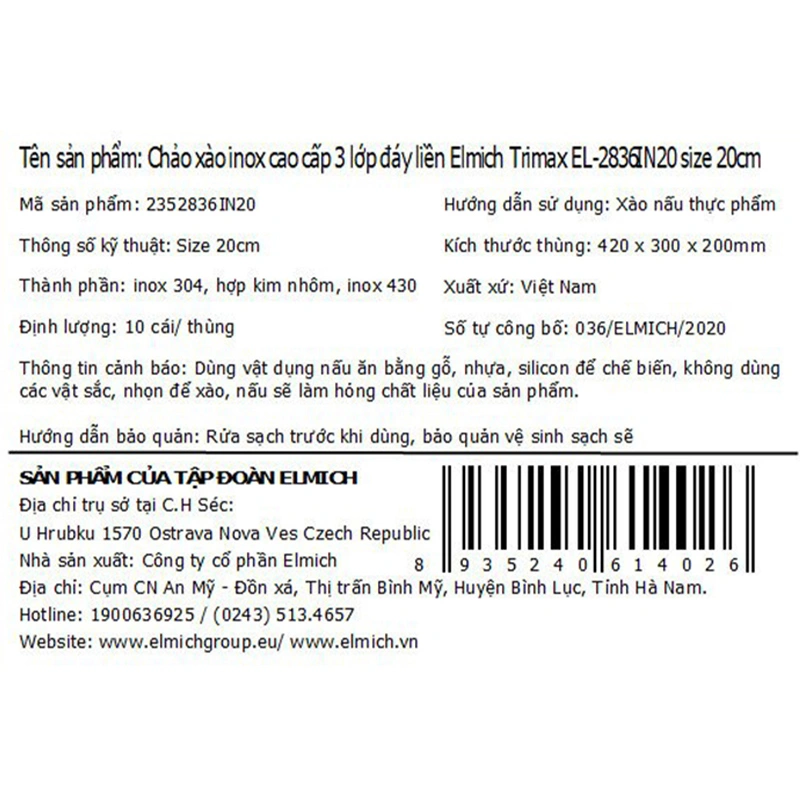 Chảo inox nguyên khối đáy từ 20cm Elmich Trimax EL-2836IN20 11