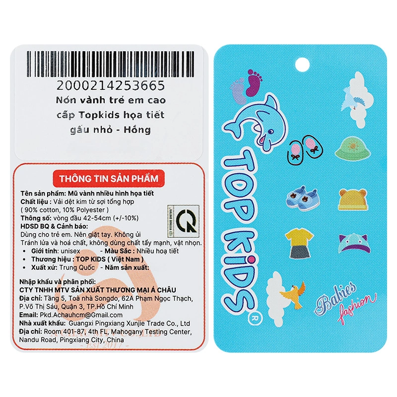 Nón vành cho bé TOP KIDS thêu gấu màu xanh - be 22