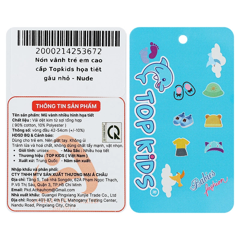 Nón vành cho bé TOP KIDS thêu gấu màu xanh - be 15