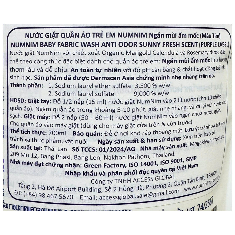 Nước giặt quần áo cho bé Num Nim Tím hương nắng mai túi 700 ml 3