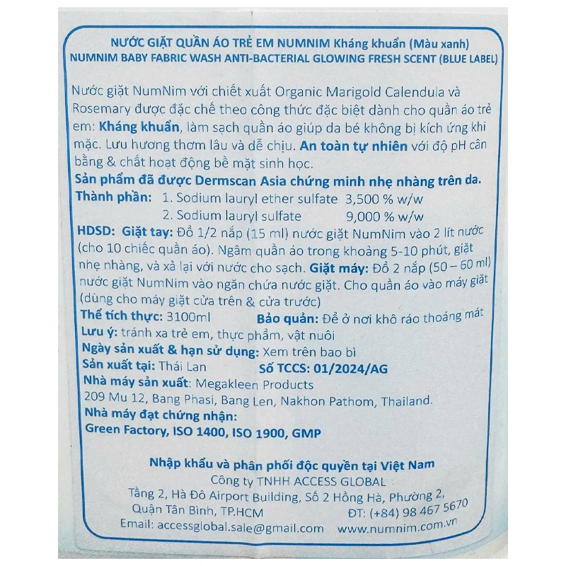 Nước giặt quần áo cho bé Num Nim Xanh hương tươi mát can 3.1 lít 3