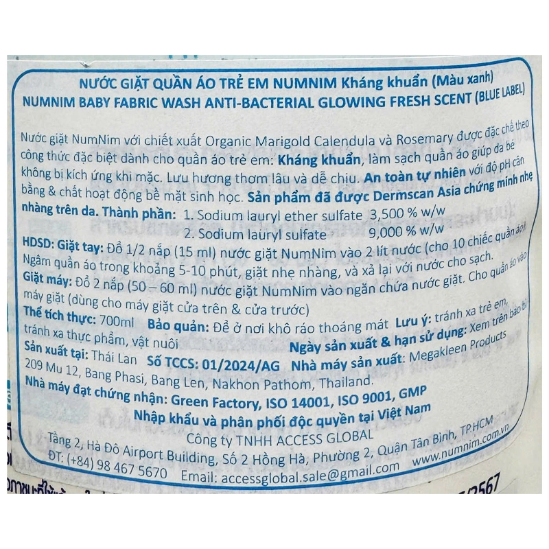 Nước giặt quần áo cho bé Num Nim Xanh hương tươi mát túi 700 ml 3