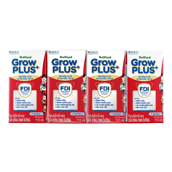 Lốc 4 hộp sữa pha sẵn Nutifood GrowPLUS+ đỏ ít đường hương vani 110 ml cho trẻ suy dinh dưỡng, thấp còi (từ 1 tuổi) - Giao bao bì ngẫu nhiên 1