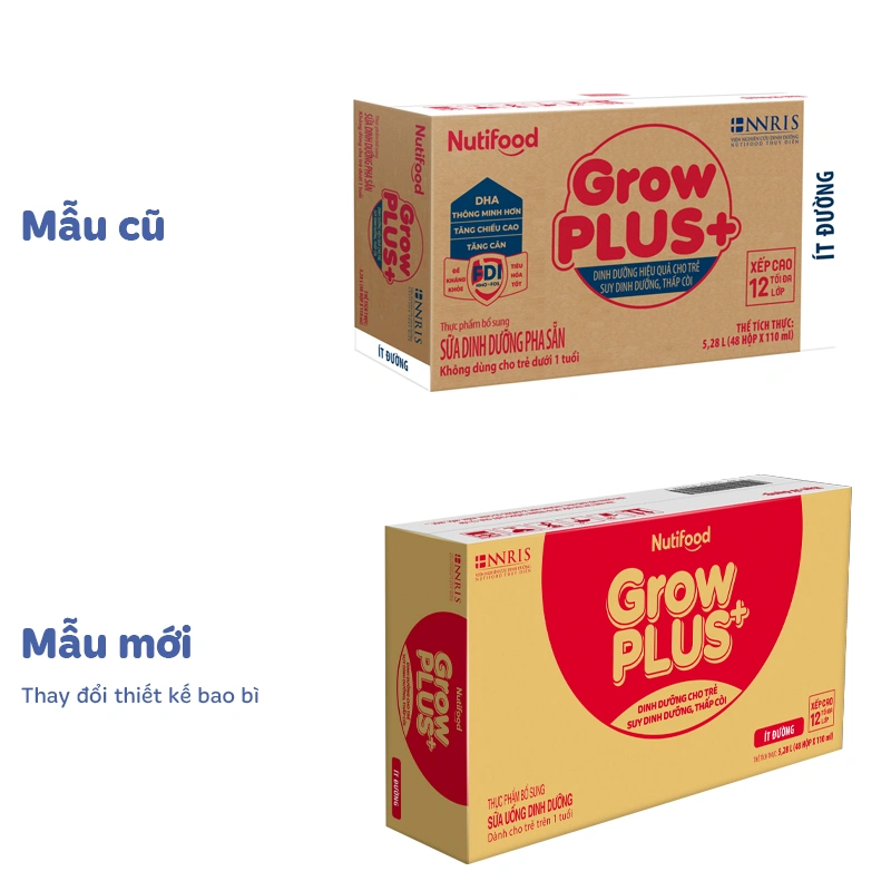 Thùng 48 hộp sữa pha sẵn Nutifood GrowPLUS+ đỏ ít đường hương vani 110 ml cho trẻ suy dinh dưỡng, thấp còi (từ 1 tuổi) - Giao bao bì ngẫu nhiên 2