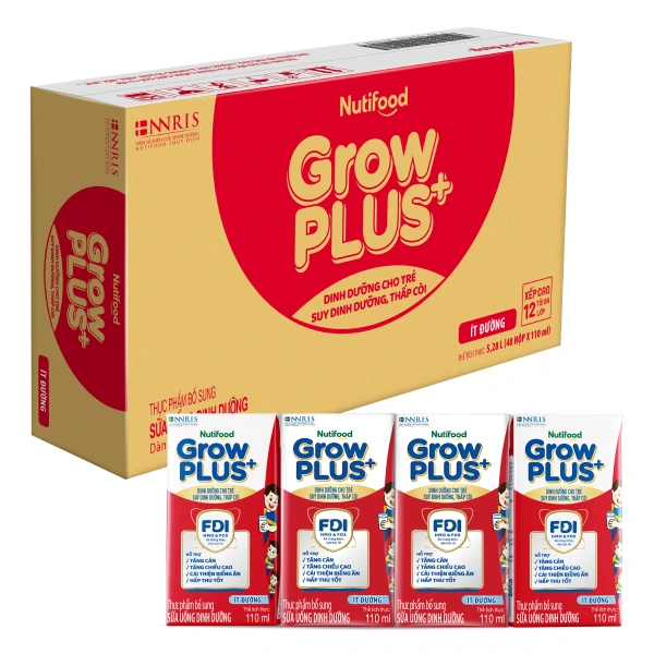 Thùng 48 hộp sữa pha sẵn Nutifood GrowPLUS+ đỏ ít đường hương vani 110 ml cho trẻ suy dinh dưỡng, thấp còi (từ 1 tuổi) - Giao bao bì ngẫu nhiên 1