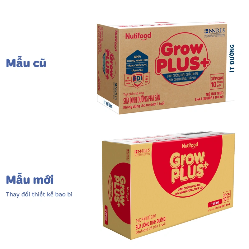 Thùng 48 hộp sữa pha sẵn Nutifood GrowPLUS+ đỏ ít đường hương vani 180 ml cho trẻ suy dinh dưỡng, thấp còi (từ 1 tuổi) - Giao bao bì ngẫu nhiên 2