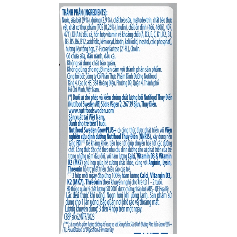Lốc 4 hộp sữa pha sẵn Nutifood GrowPLUS+ bạc hương vani 110 ml (từ 1 tuổi) 20