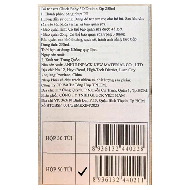 30 túi trữ sữa Gluck Baby GP06 250 ml 9