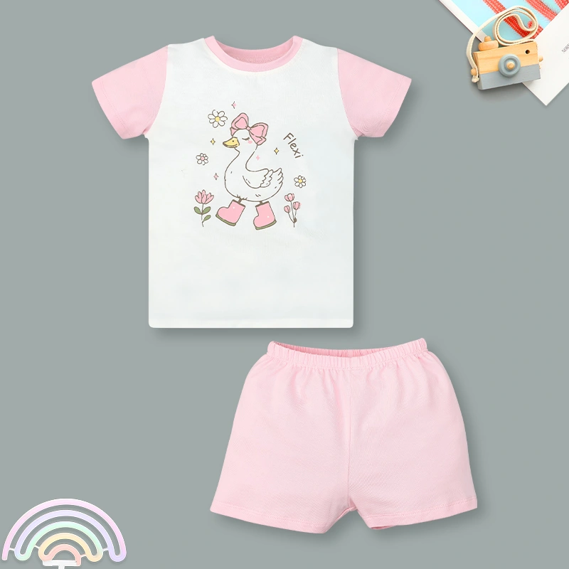 Bộ tay ngắn bé gái La Pomme in chú vịt màu hồng - trắng 4