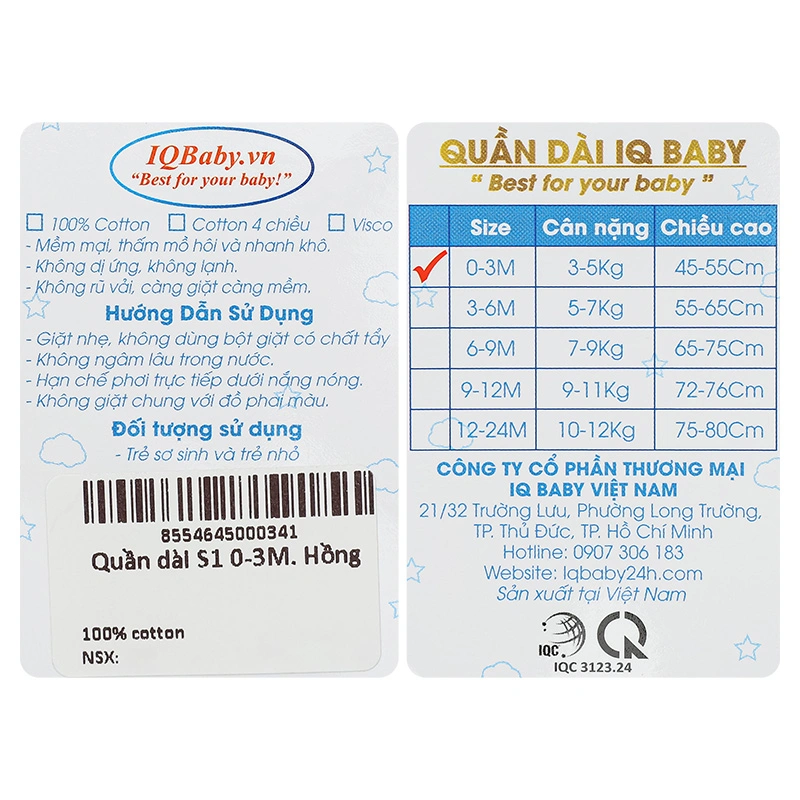 Quần dài IQ Baby cotton màu hồng 6