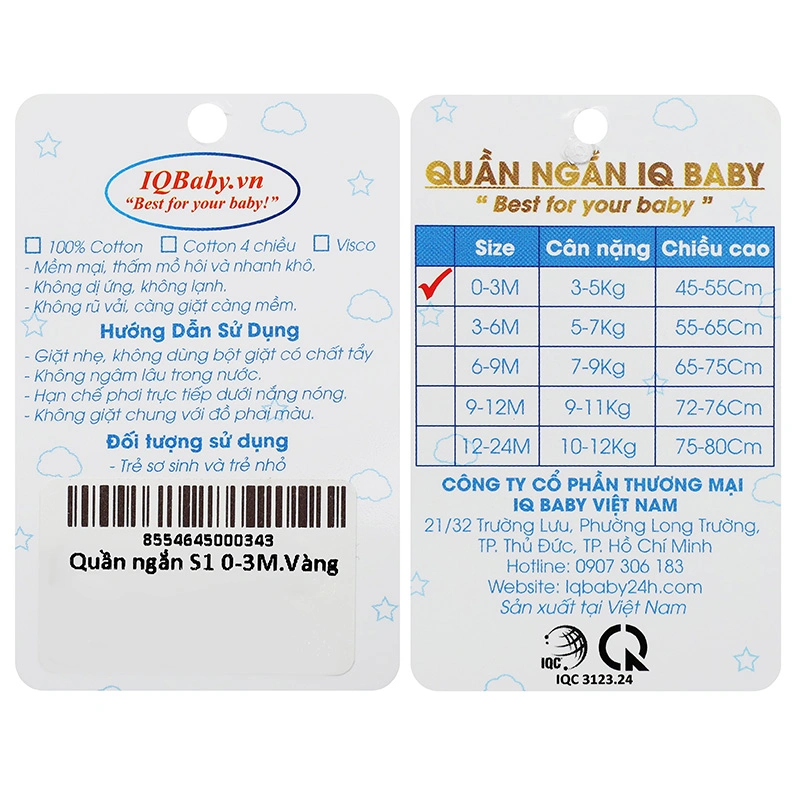 Quần ngắn IQ Baby cotton màu vàng 5