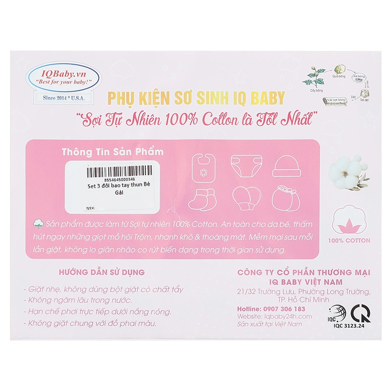 Set 3 đôi bao tay thun bé gái IQ Baby cotton 11