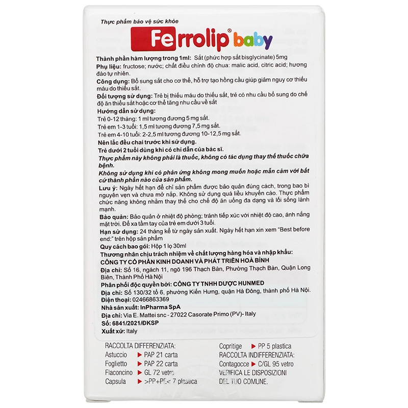Combo 2 hộp thực phẩm bảo vệ sức khỏe Ferrolip Baby bổ sung sắt, hỗ trợ tạo hồng cầu hương đào, 30 ml dạng nhỏ giọt (từ 0 tháng) 4