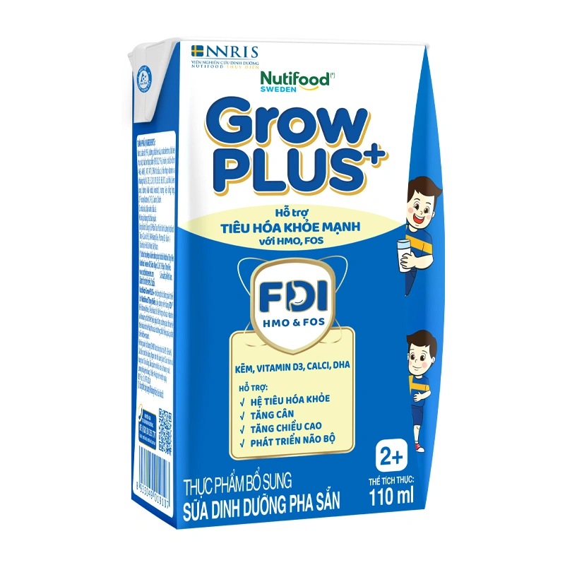 Thùng 48 hộp sữa pha sẵn Nutifood GrowPLUS+ xanh nhạt 2+ hương vani 110 ml hỗ trợ tiêu hóa (từ 2 tuổi) 12
