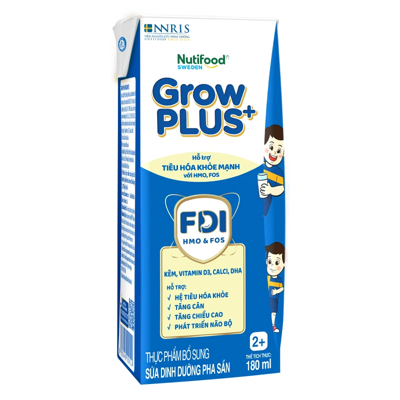 Thùng 48 hộp sữa pha sẵn Nutifood GrowPLUS+ xanh nhạt 2+ hương vani 180 ml hỗ trợ tiêu hóa (từ 2 tuổi) 12