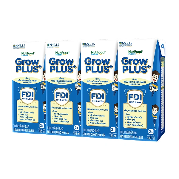 Lốc 4 hộp sữa pha sẵn Nutifood GrowPLUS+ xanh nhạt 2+ hỗ trợ tiêu hóa