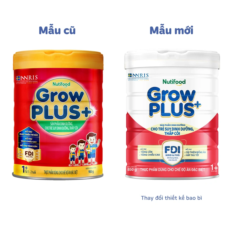 Sữa bột Nutifood GrowPLUS+ đỏ 1+ hương vani 850g (1 - 2 tuổi) cho trẻ suy dinh dưỡng, thấp còi - Giao bao bì ngẫu nhiên 2