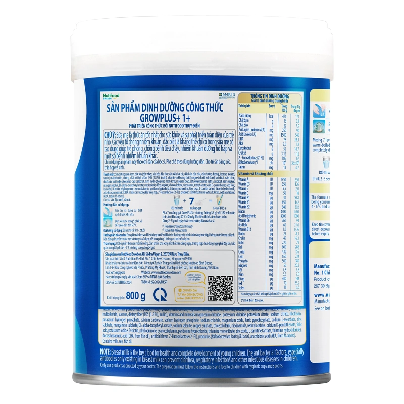 Sữa bột Nutifood GrowPLUS+ xanh nhạt hương vani 1+ 800g (1 - 2 tuổi) giúp tiêu hóa 2