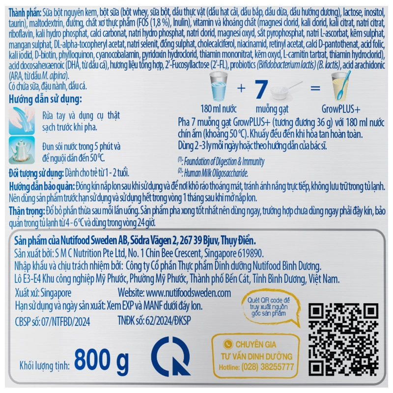 Sữa bột Nutifood GrowPLUS+ xanh nhạt hương vani 1+ 800g (1 - 2 tuổi) giúp tiêu hóa 5