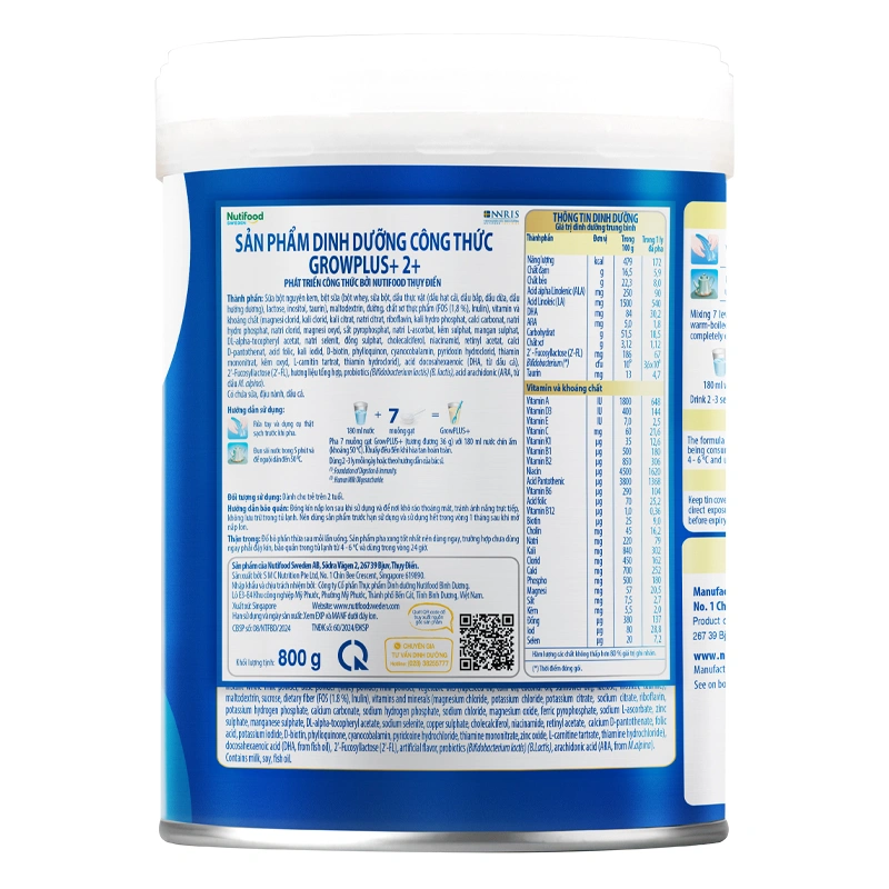 Sữa bột Nutifood GrowPLUS+ xanh nhạt hương vani 2+ 800g (từ 2 tuổi) giúp tiêu hóa 2