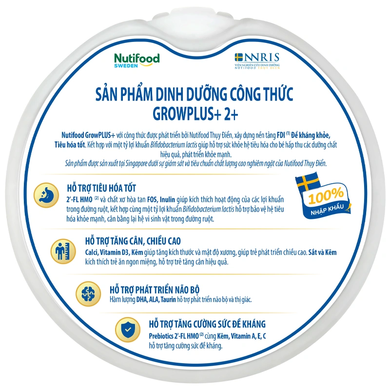 Sữa bột Nutifood GrowPLUS+ xanh nhạt hương vani 2+ 800g (từ 2 tuổi) giúp tiêu hóa 4