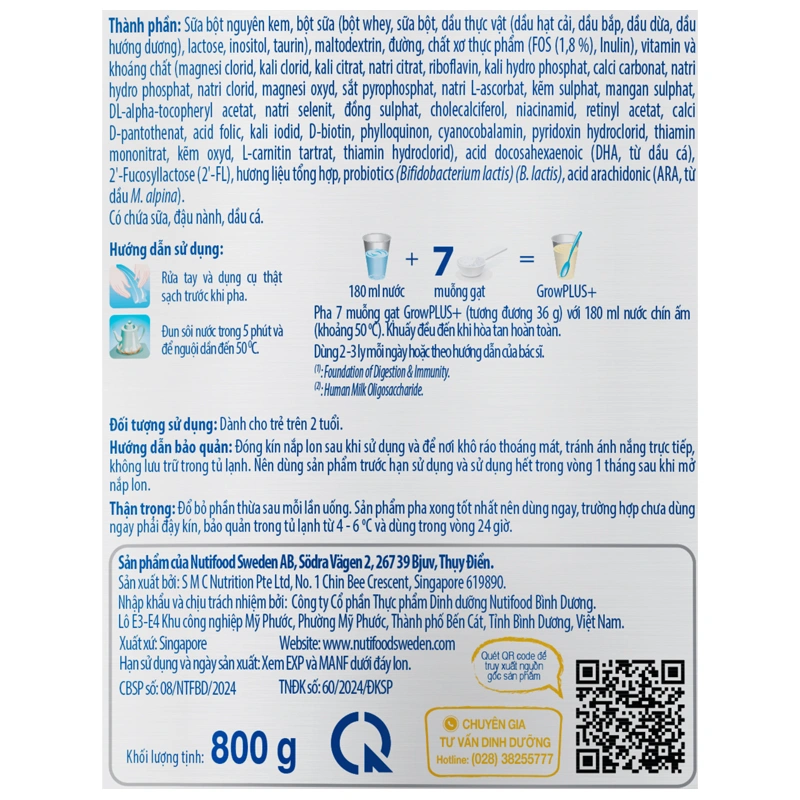 Sữa bột Nutifood GrowPLUS+ xanh nhạt hương vani 2+ 800g (từ 2 tuổi) giúp tiêu hóa 5