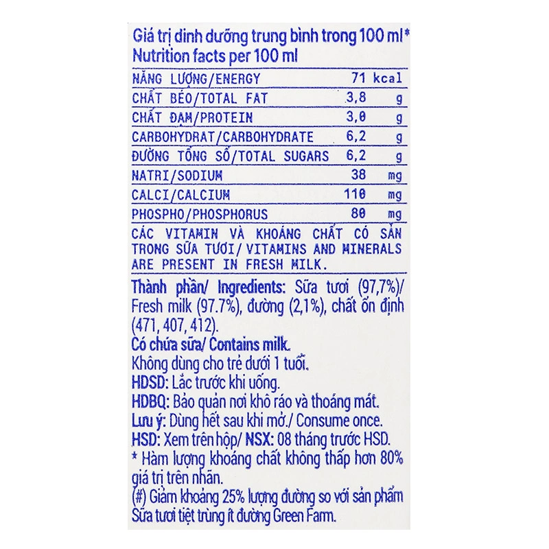 Lốc 4 hộp sữa tươi tiệt trùng Vinamilk Green Farm rất ít đường 110 ml (từ 1 tuổi) 24