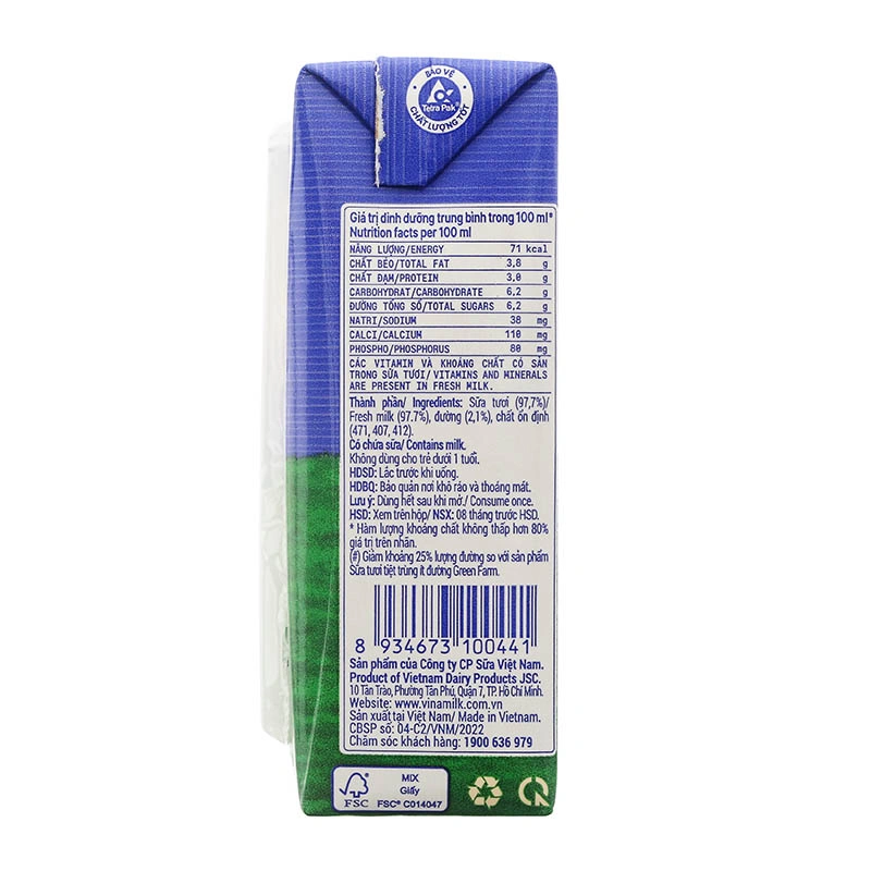 Lốc 4 hộp sữa tươi tiệt trùng Vinamilk Green Farm rất ít đường 110 ml (từ 1 tuổi) 22