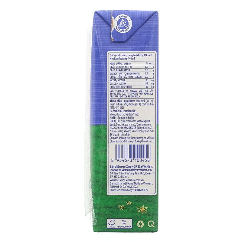 Thùng 48 hộp sữa tươi tiệt trùng Vinamilk Green Farm rất ít đường 180 ml (từ 1 tuổi) 11