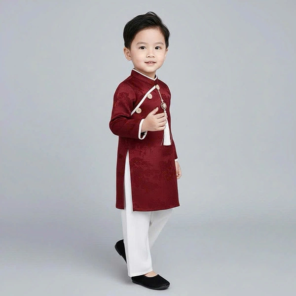Áo dài bé trai Lullaby cotton đỏ - trắng