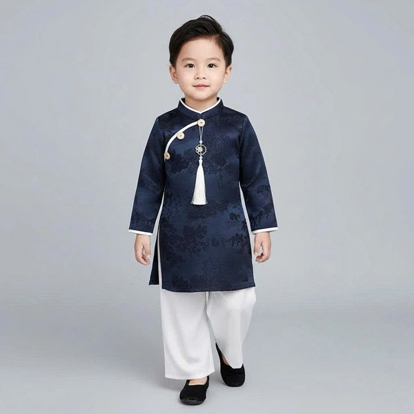 Áo dài bé trai Lullaby cotton xanh - trắng