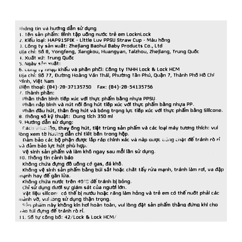Bình tập uống PPSU Lock&Lock Little Luv Straw Cup HAP915PIK 350ml - Màu hồng (từ 6 tháng) 10