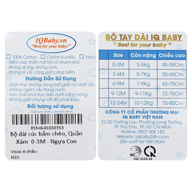 Bộ tay dài cúc bấm chéo quần xám in ngựa con IQ Baby màu trắng 15